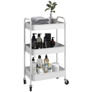 HOMCOM 3 Tier Rolling Utility Cart with 3 Mesh Basket, White - Picture 1 of 10