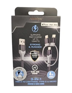 Powerxcel 3 In 1 USB-A To Lightng Type C & Micro Cable 4 ft Fast Charge - Picture 1 of 2