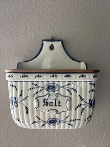 Vintage Wall Hanging Salt Box Blue And White Wooden Lid - Picture 1 of 8
