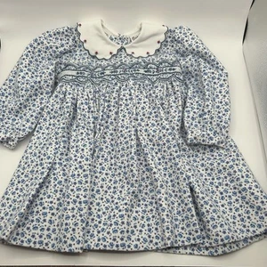Sarah Louise England Floral Dress Hand Smocked 12mo Long Sleeve White Blue Red - Picture 1 of 21