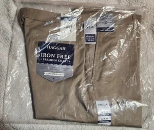 Haggar Hose Herren 34x32 Slim Straight Bügelfrei Premium Khaki Comfort *NEU* - Bild 1 von 7