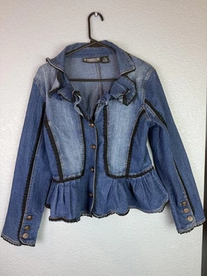 The Pyramid Collection Jacket Womens Medium Blue Denim Ruffle Peplum Lace Trim - Image 1 of 4