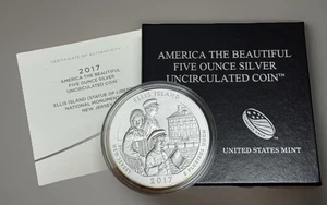 2017-P ATB 5 Ounce Silver Uncirculated Coin, Ellis Island, 17AM, COA, Mint Box - Picture 1 of 6
