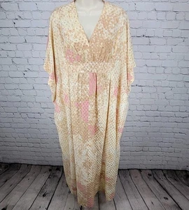 Handmade Cream Pink Floral Gold Polka Dot Lightweight Indian Mumu Maxi Dress O/S - Picture 1 of 11