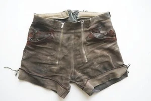 Kurze Lederhose Eichenlaub Doppelzipp 60er grau stark speckig + beschädigt Gr.48 - Bild 1 von 7