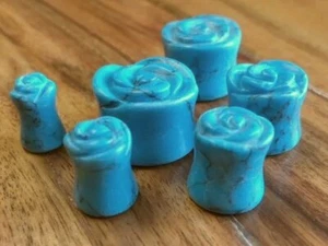 PAIR Turquoise Flower Stone Plugs Carved Rose Double Flare Guages Gauges - Picture 1 of 5