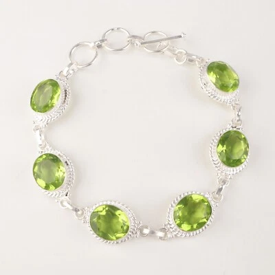 Ovalado Natural Peridoto Agosto Nuevo Cadena Bisel Cumpleaños Pulsera Joyería Plata 925 Foto 1 de 4