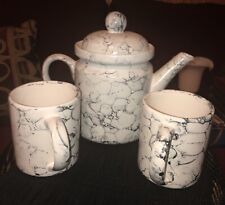 Marbled Bubble Tea Pot And Two Mugs Black White & Gray