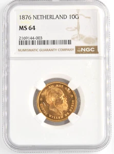 Netherlands 1876 10 Gulden William III .900 Fine Gold NGC Graded MS64 Coin - Picture 1 of 2