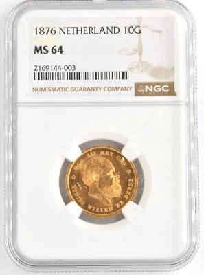 Netherlands 1876 10 Gulden William III .900 Fine Gold NGC Graded MS64 Coin - Image 1 of 2