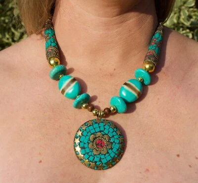 Turquoise & Coral Tibetan & Nepalese Tribal Style Boho Hippie Unique Necklace  - Image 1 of 4