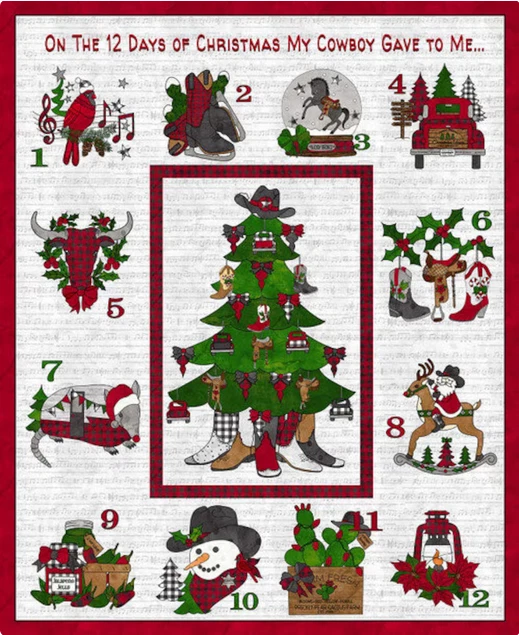 Christmas Cowboy Santa Fabric Boots My Cowboy Gave To Me Cotton Blank 35" Panel - Image 1 of 1