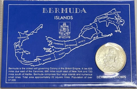 1964 BERUMUDA .500 FINE SILVER CROWN, ELIZABETH II, KM-14 GEM BU ON VINTAGE CARD Cover