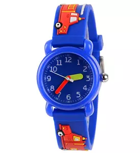 NEU Kinderuhr 3D Cartoon Wasserdicht Armbanduhr Zeit Lehrer Blau Feuerwehr LKW - Bild 1 von 3