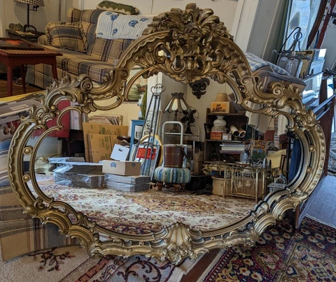 Large Vintage Gold ORNATE BASSETT Mirror Co 57”x47.5”x5” Hollywood Regency Cover