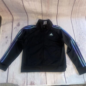 Adidas Girls GRADIENT 3S TRICOT Jacket M 10/12 Black 3 Purple Stripes Spell Out - Picture 1 of 10