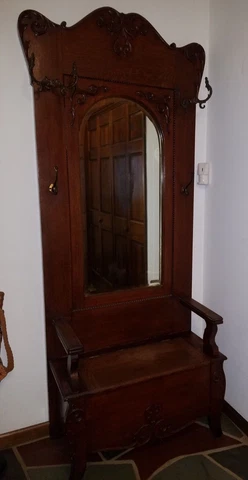 Antique Hall Tree with Hooks and Underseat Storage Cover