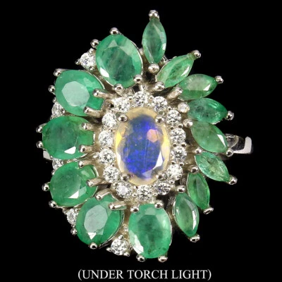 925 Sterlingsilber Ring Oval Feuer Opal 7x5mm Smaragd Edelstein Schmuck Size 8.5 - Bild 1 von 4