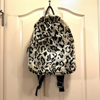 New Betsey Johnson Leopard Faux Fur Black Brown Backpack Pretty Floral Inside - Image 1 of 4