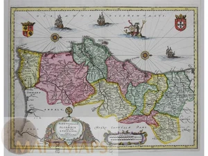 Portugal Map 1638 – Portugallia et Algarbia Antique Engraving by Merian - Picture 1 of 3