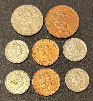 Lot Of 8 Different 1-2-5-10 Pence Coins, Great Britain, 1990-2000 - Image 1 of 2