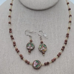 Vintage Chinesisch 925 Silber Cloisonne Emaille Goldstein Perlen Halskette Ohrring Set - Bild 1 von 5