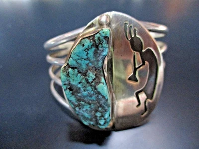 Vintage Native American Sterling  Turquoise Kokopelli cuff bracelet - Image 1 of 4