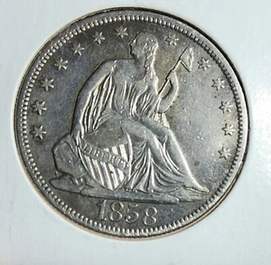 1858 DATED SEATED LIBERTY HALF DOLLAR (50 c.) SILVER COIN IN VERY FINE CONDITION - Picture 1 of 5