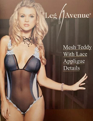 Peluche de malla súper lindo sexy LEG AVENUE de una pieza con detalle de apliques de encaje talla S/M Foto 1 de 4