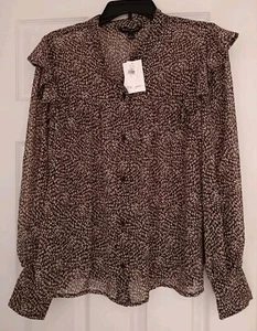 *Banana Republic* Womens Top, Size Large, Brown Spotted Pattern, Ruffles, Sheer - Picture 1 of 5