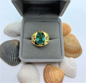 7.7 Ct Certified Heated Green Tourmaline Ring in 18k Gold Plated Sterling Silver - Picture 1 of 7