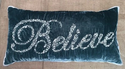 Modern 34th & Pine Teal Green Velvet ‘Believe’ Beaded Lumbar Pillow 12”W 24”L - Image 1 of 4