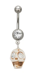 Belly Ring Skull Head White w/Double Clear Gems Dangle Naval Steel - Picture 1 of 3