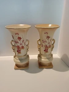Urn Vase Vtg Two Double Handled Floral Urn Vase Gold Trim - Picture 1 of 20
