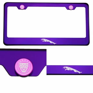 Candy Purple License Plate Frame T304 Stainless Steel Laser Engraved Jaguar Logo - Picture 1 of 11