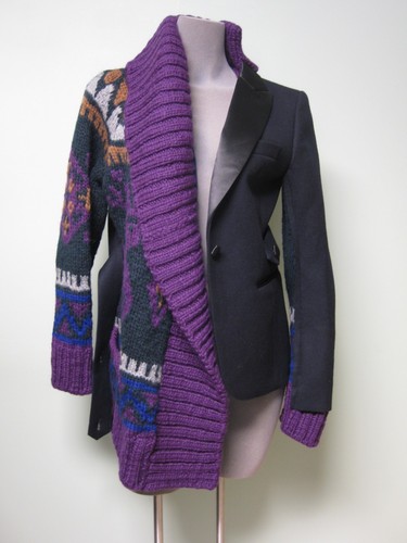 Cardigan drappeggiato $1785 Sacai NUOVO Combo Maglia Grossa Maglia Collaro Drappeggiato Lana Blazer 2JP