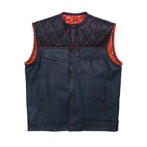 SOA Herren Motorrad Leder Club Weste mit rot mit 2 verdeckten Tragetaschen - Bild 1 von 7