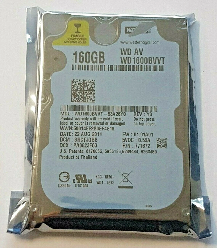 160 GB SATA Western Digital Av WD1600BVVT-63A26Y0 5400RPM 8MB 2,5 " HDD New - Image 1 of 1