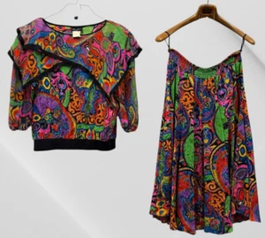 Vintage 80’s Diane Freis 100% Silk Vibrant Colorful Top Skirt Set S Small RARE - Picture 1 of 13