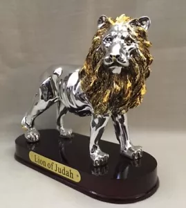 Lion of Judah statue Gold & Silver Metalic Wood Base Jewish Messianic Christian - Picture 1 of 3