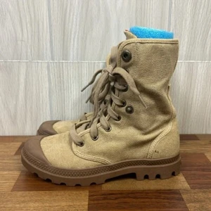Palladium Womens Boots 5.5 Tan Canvas Combat Mid Calf Utility Lace Up Rubber - Picture 1 of 8