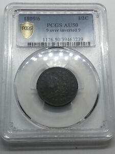 1809/6 Half Cent PCGS AU50 1/2C 9 Over Inverted 9! Very Rare Early Copper Coin**