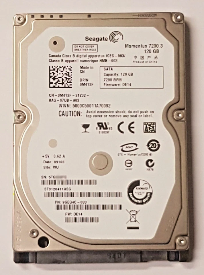 120 GB SATA Seagate Momentus 7200.3 ST9120411ASG 8MB HDD 2.5 " Internal Hard - Image 1 of 1
