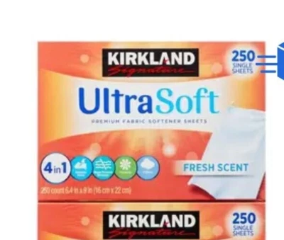 Hojas suavizantes de telas Kirkland Signature 250 sábanas individuales secadora de lavandería refrescar Foto 1 de 2