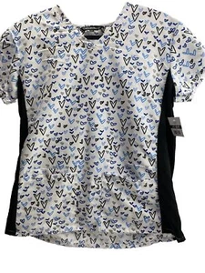 Women’s Nurse Scrub Top White With Blue Hears Black Back, Small Brand New As Is! - Picture 1 of 10