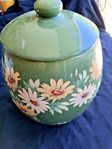OLIVE GREEN HAND PAINTED FLOWERS BAUER COOKIE JAR W/LID IMPRESSED BACKSTAMP - Picture 1 of 5