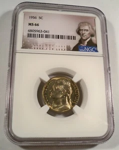 1956 5C NGC MS66 JEFFERSON NICKEL NICE REDDISH GOLD TONE MS 66 - Picture 1 of 5