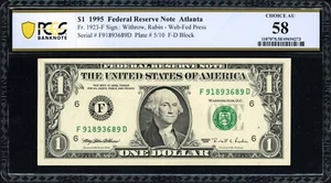 1995 $1 FEDERAL RESERVE WEB NOTE ATLANTA FR.1923-F FD BLK PCGS CHOICE AU 58 PPQ - Picture 1 of 2