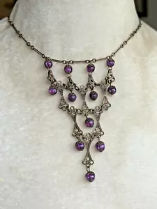 Vintage Antique Art Deco Style Dangle Necklace With Purple Lucite Beads 15" Long - Picture 1 of 7