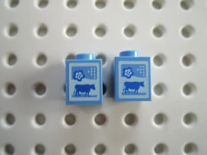 Lego 2 x Stein 3005pb016 1x1 mittelblau bedr. Kuh Milch Tetrapack - Bild 1 von 1